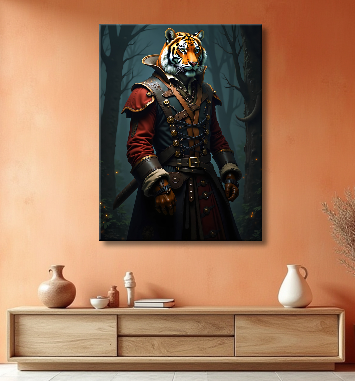Tableau tigre pirate - Portrait félin stylisé et aventurier avec decor