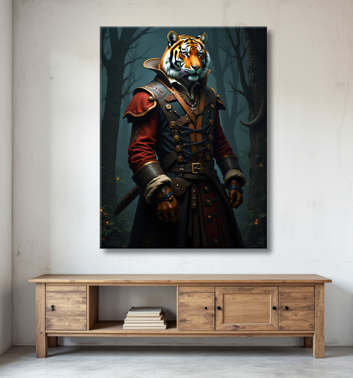 Tableau tigre pirate - Portrait félin stylisé et aventurier avec decor
