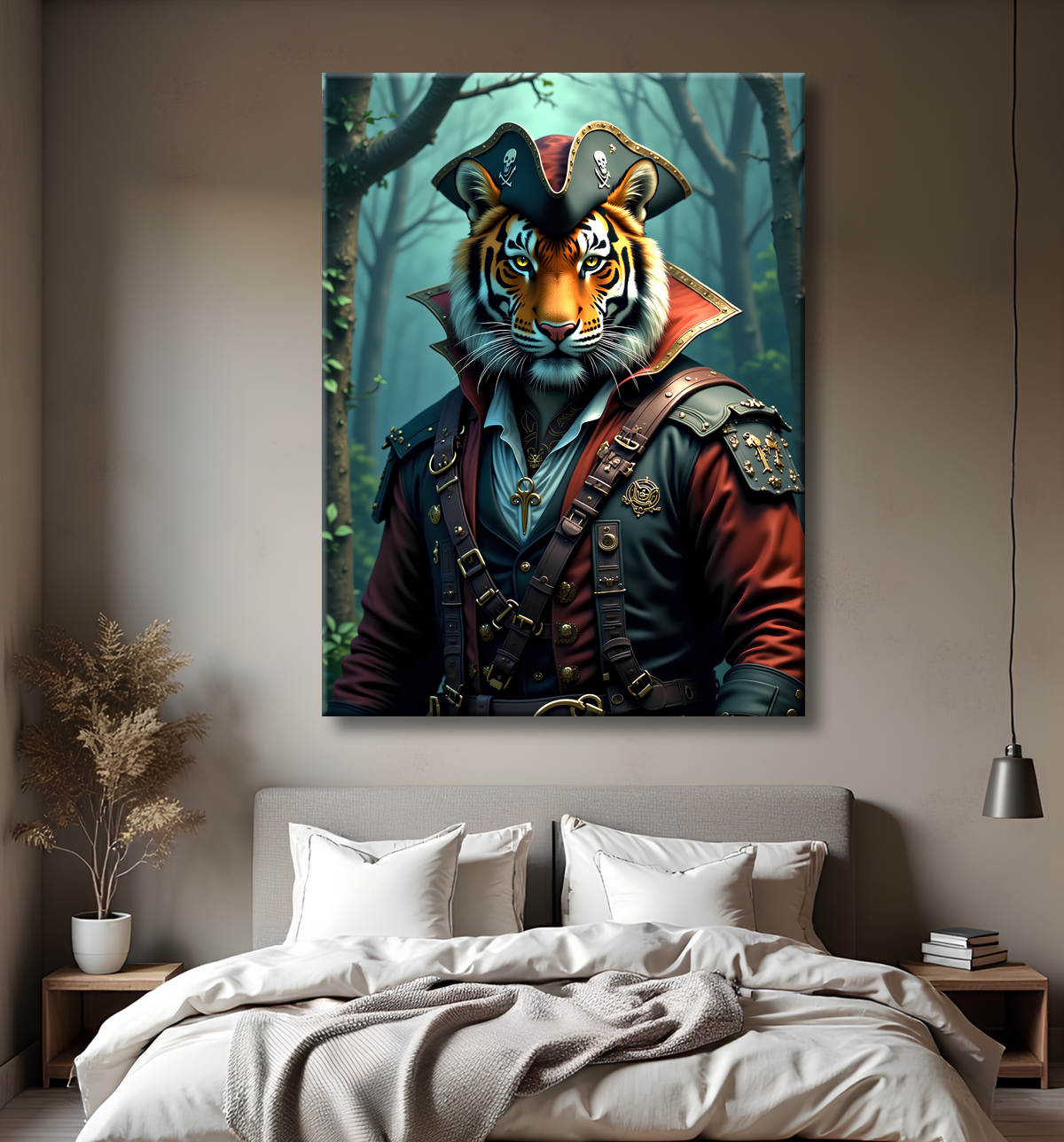 Tableau tigre pirate - Portrait félin stylisé et aventurier avec decor