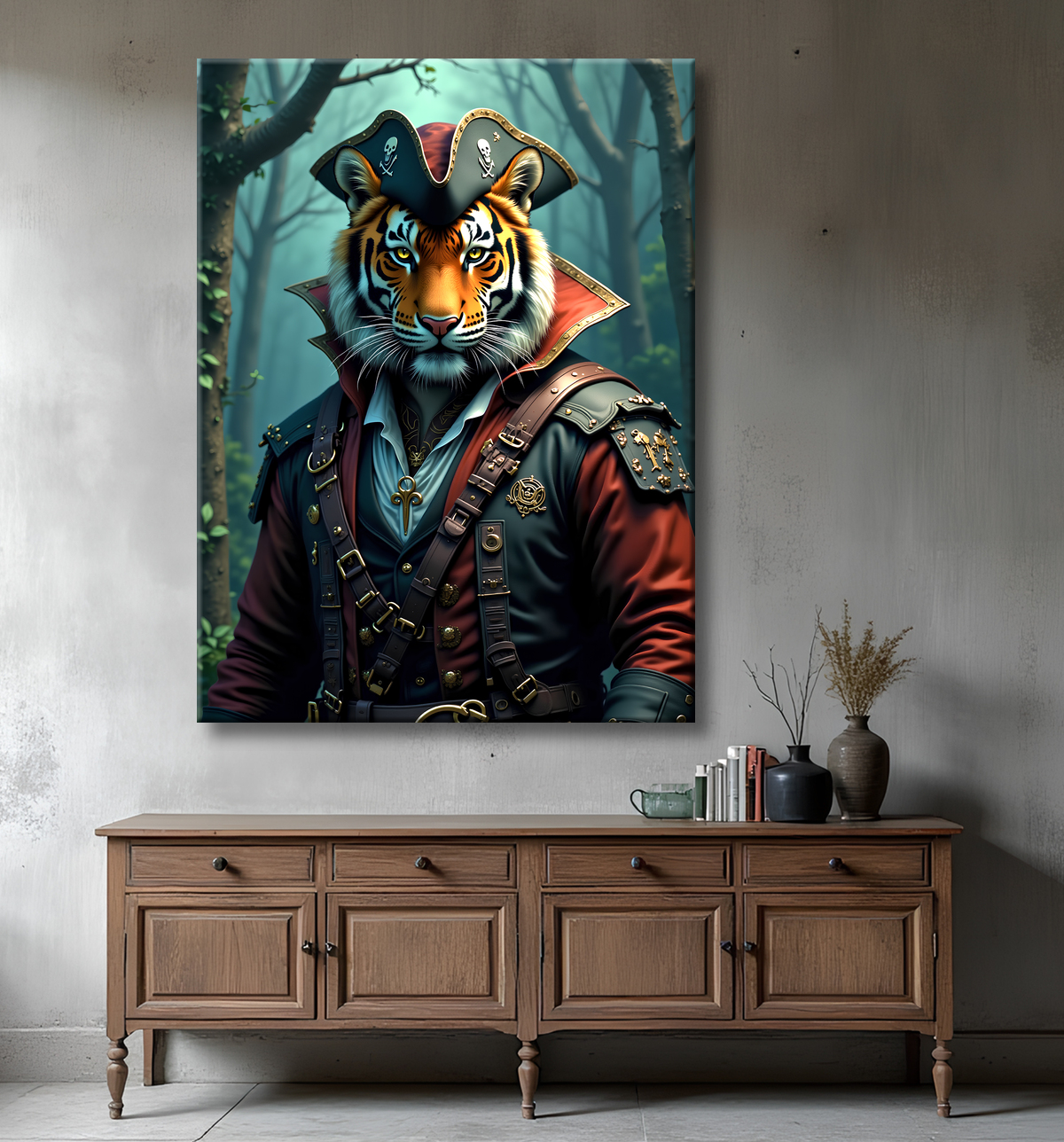 Tableau tigre pirate - Portrait félin stylisé et aventurier avec decor