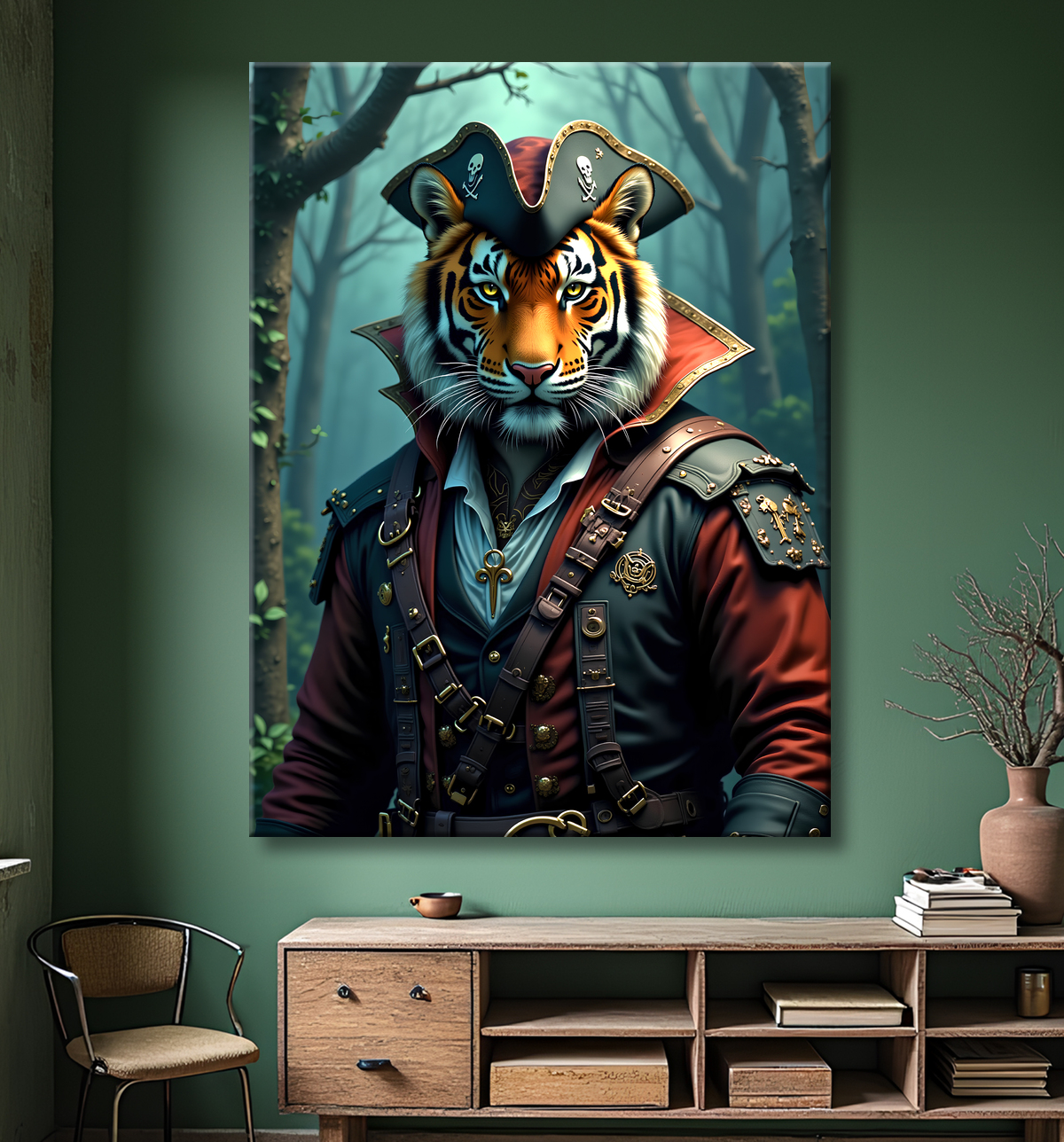 Tableau tigre pirate - Portrait félin stylisé et aventurier avec decor
