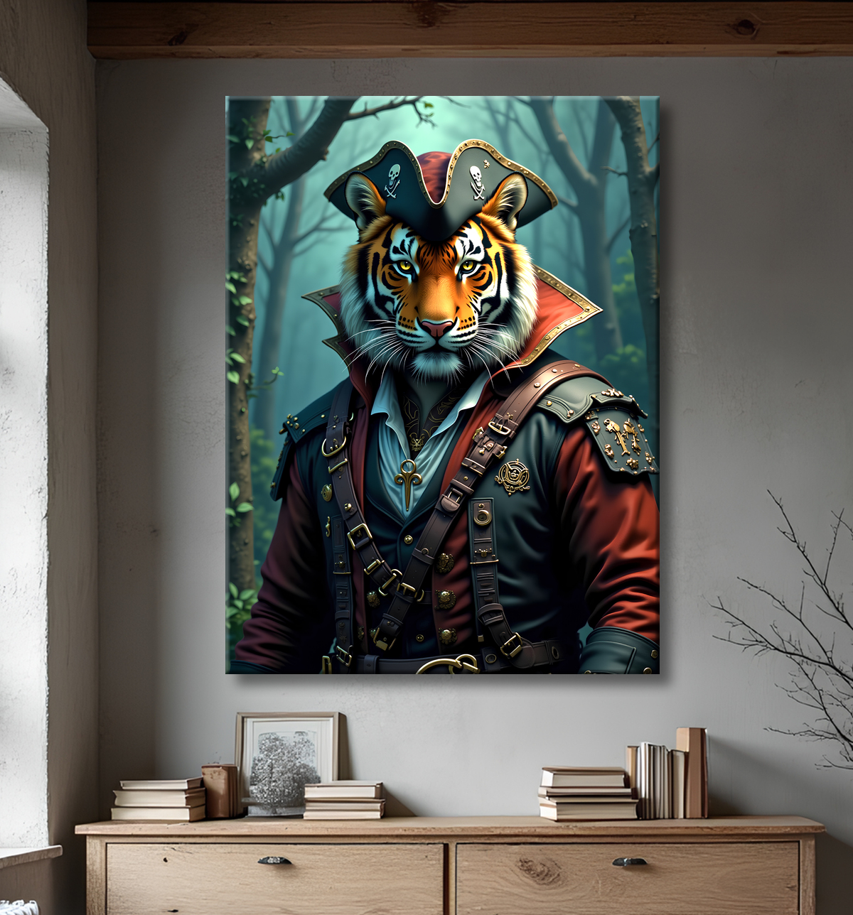 Tableau tigre pirate - Portrait félin stylisé et aventurier avec decor