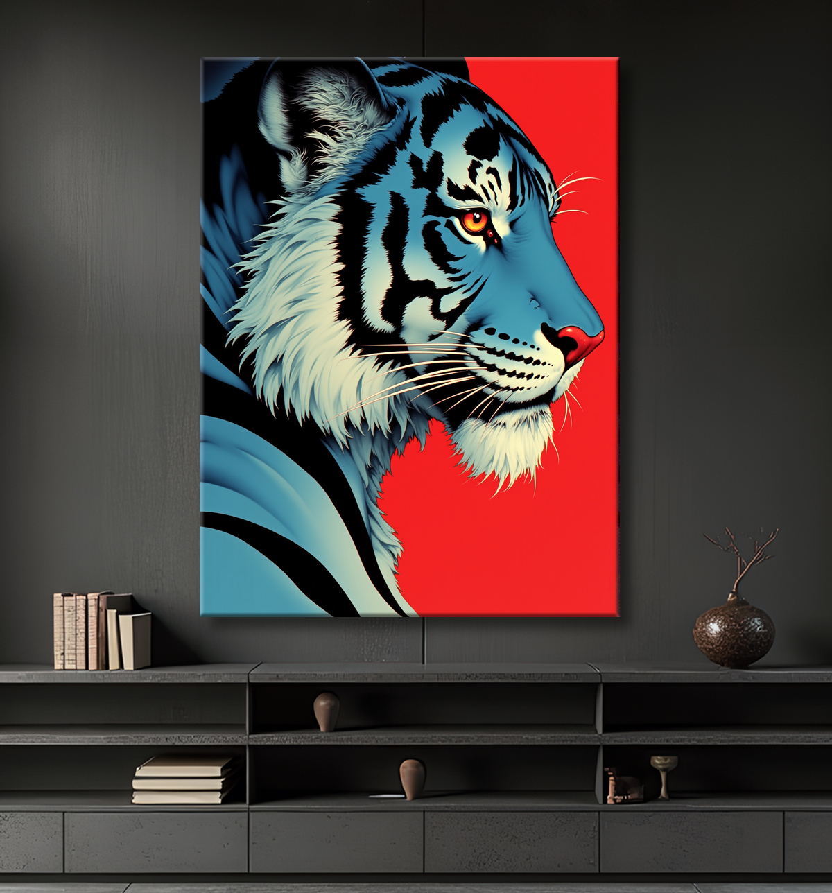 Tigre style BD, bleu sur fond rouge avec decor
