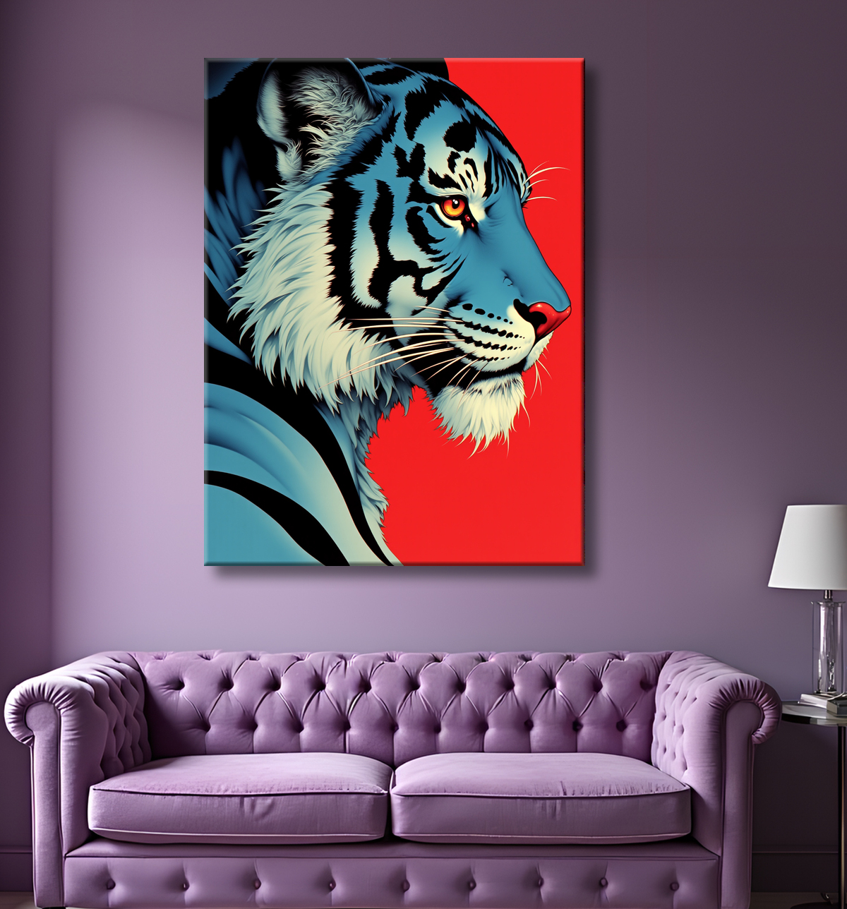 Tigre style BD, bleu sur fond rouge avec decor