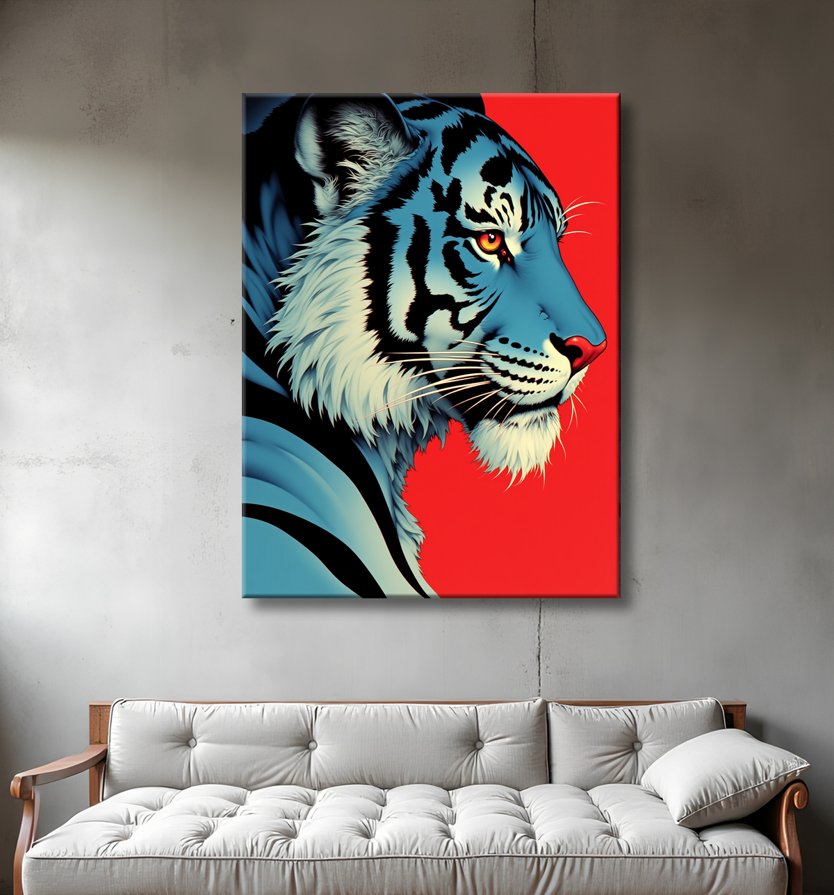 Tigre style BD, bleu sur fond rouge avec decor