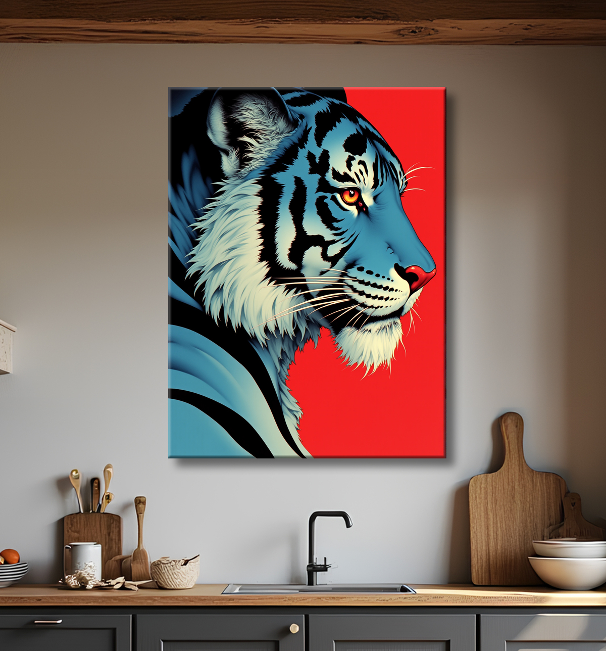 Tigre style BD, bleu sur fond rouge avec decor