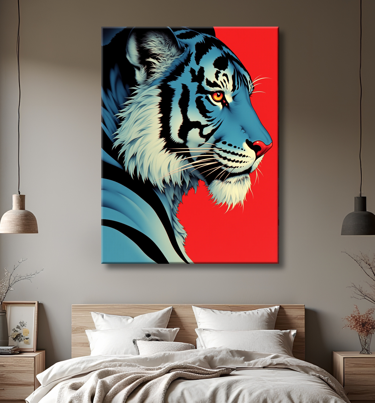 Tigre style BD, bleu sur fond rouge avec decor