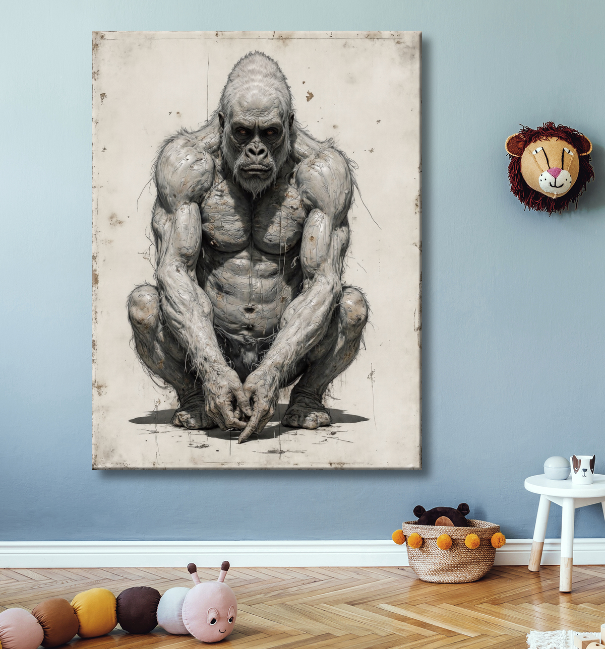 Tableau illustration expressive de gorille complet, style peinture vintage aux tons beiges et traits marqués. Une œuvre originale et très stylisée pour un intérieur unique. avec decor