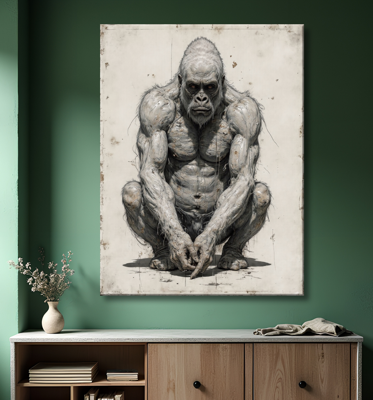 Tableau illustration expressive de gorille complet, style peinture vintage aux tons beiges et traits marqués. Une œuvre originale et très stylisée pour un intérieur unique. avec decor
