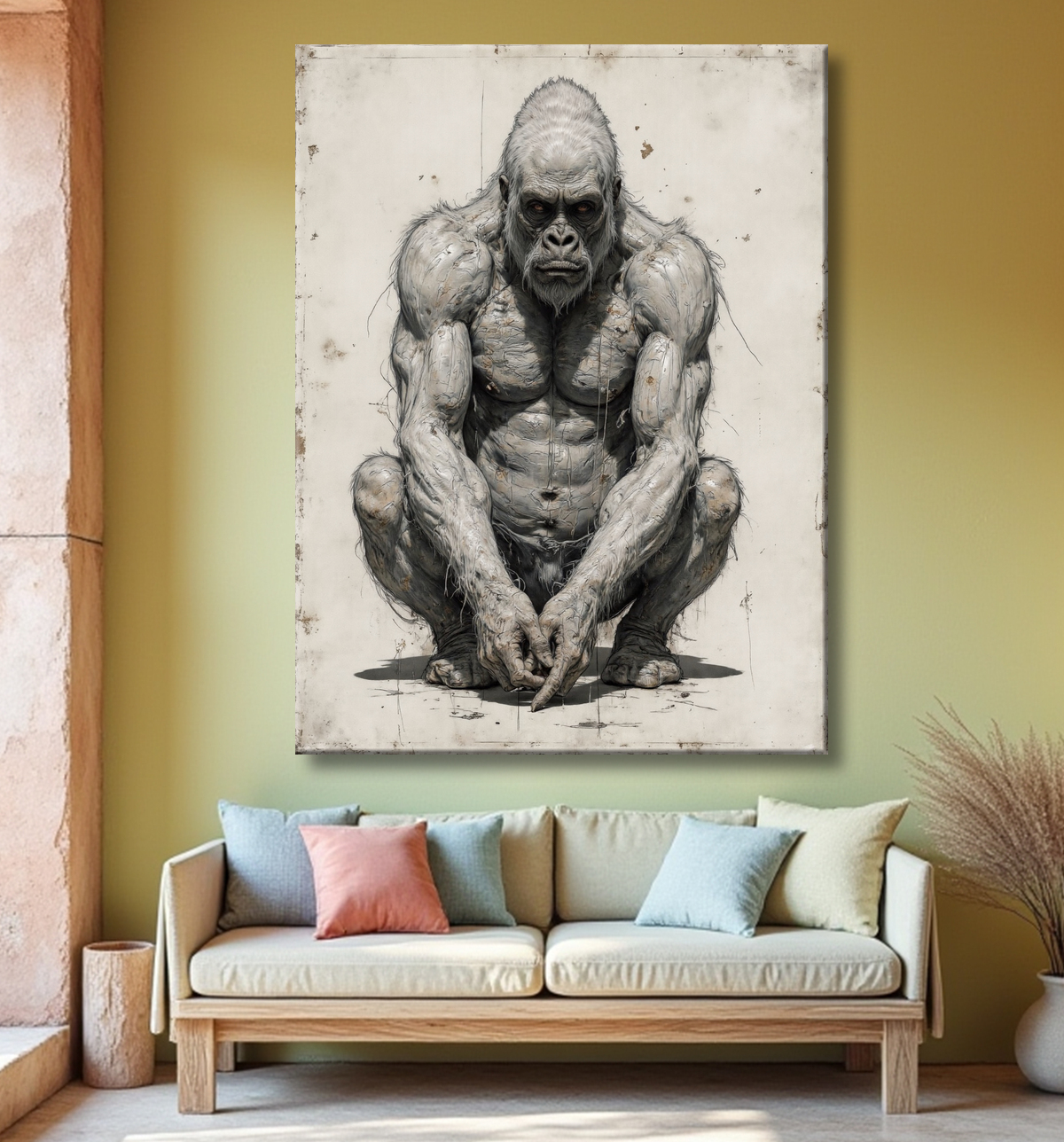 Tableau illustration expressive de gorille complet, style peinture vintage aux tons beiges et traits marqués. Une œuvre originale et très stylisée pour un intérieur unique. avec decor