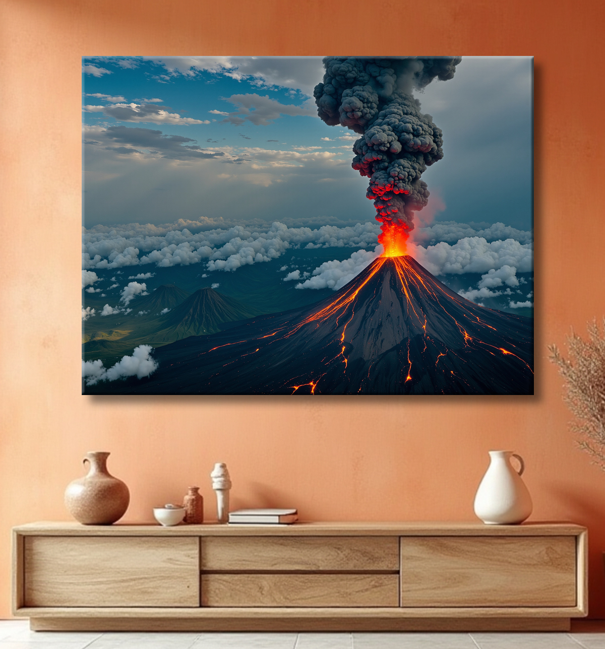 Tableau paysage volcanique spectaculaire avec decor