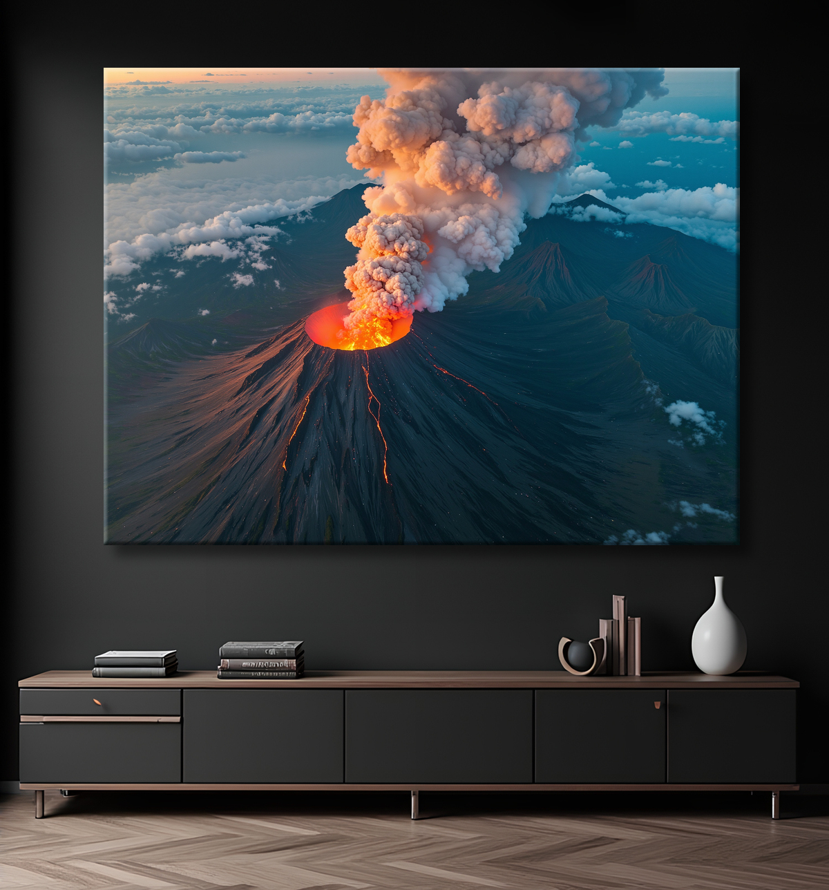 Tableau paysage volcanique spectaculaire avec decor