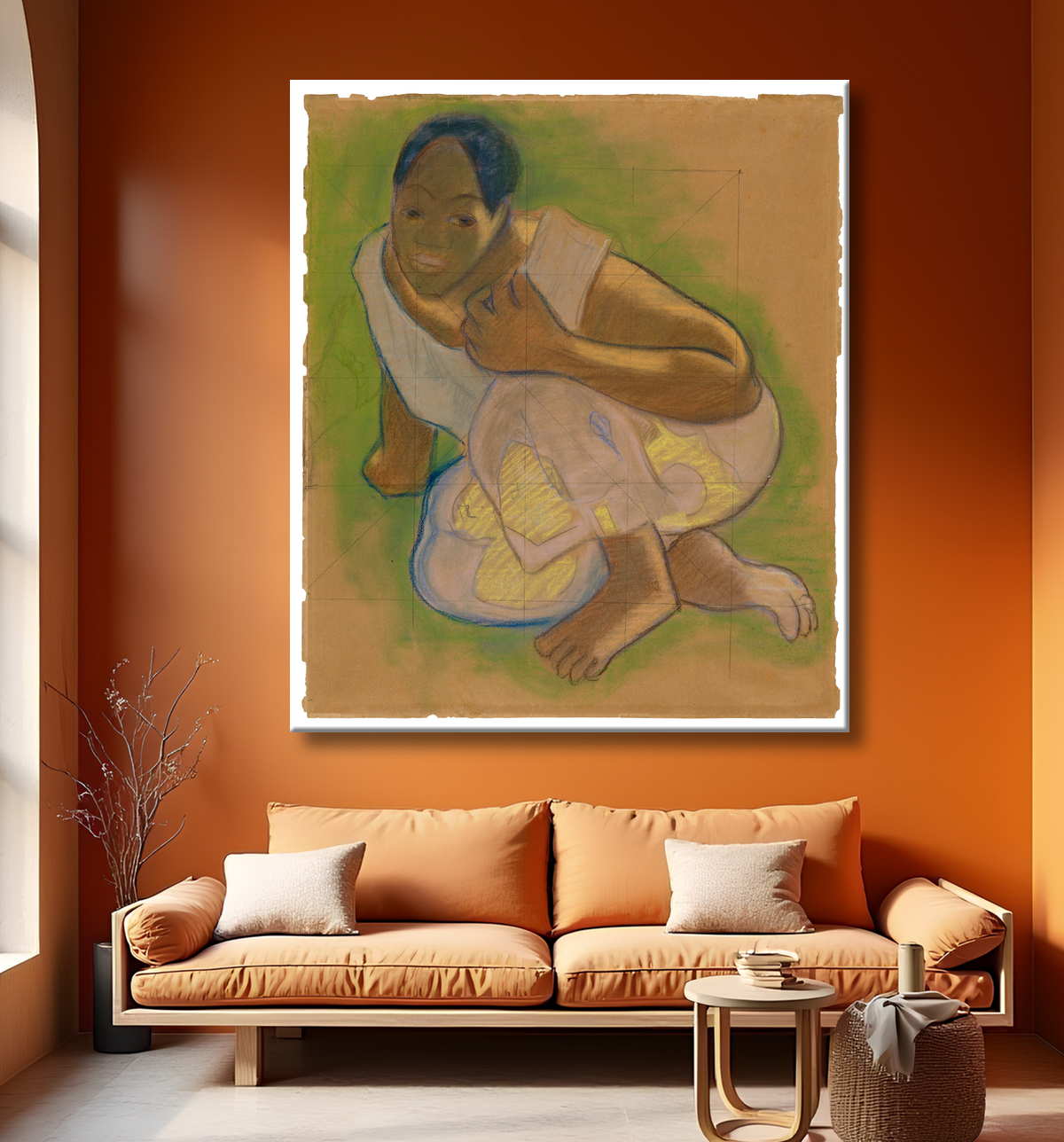 Reproduction Tahitienne accroupie (liée au tableau Nafea faa ipoipo [Quand vous marierez-vous ?]) de Paul Gauguin avec decor