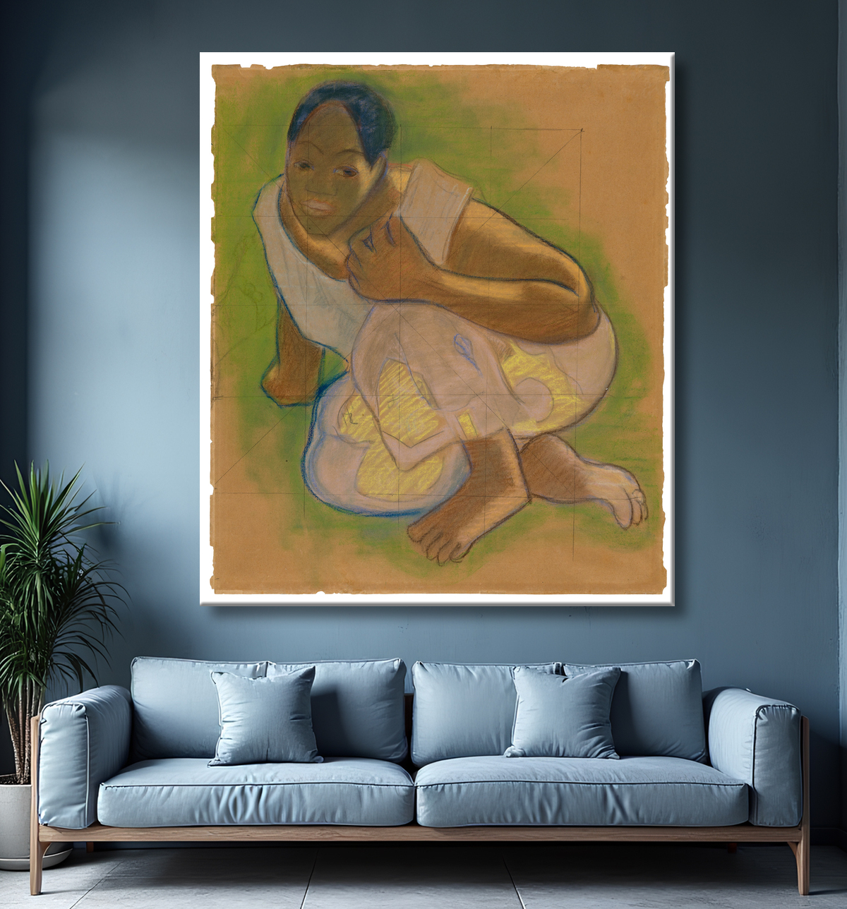 Reproduction Tahitienne accroupie (liée au tableau Nafea faa ipoipo [Quand vous marierez-vous ?]) de Paul Gauguin avec decor