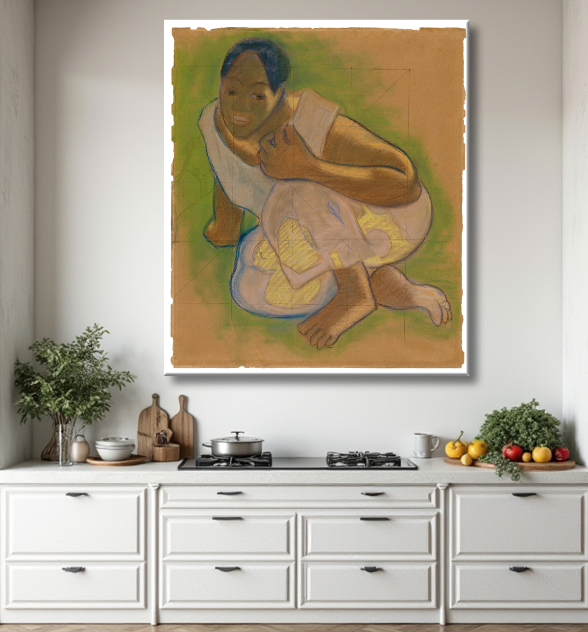 Reproduction Tahitienne accroupie (liée au tableau Nafea faa ipoipo [Quand vous marierez-vous ?]) de Paul Gauguin avec decor