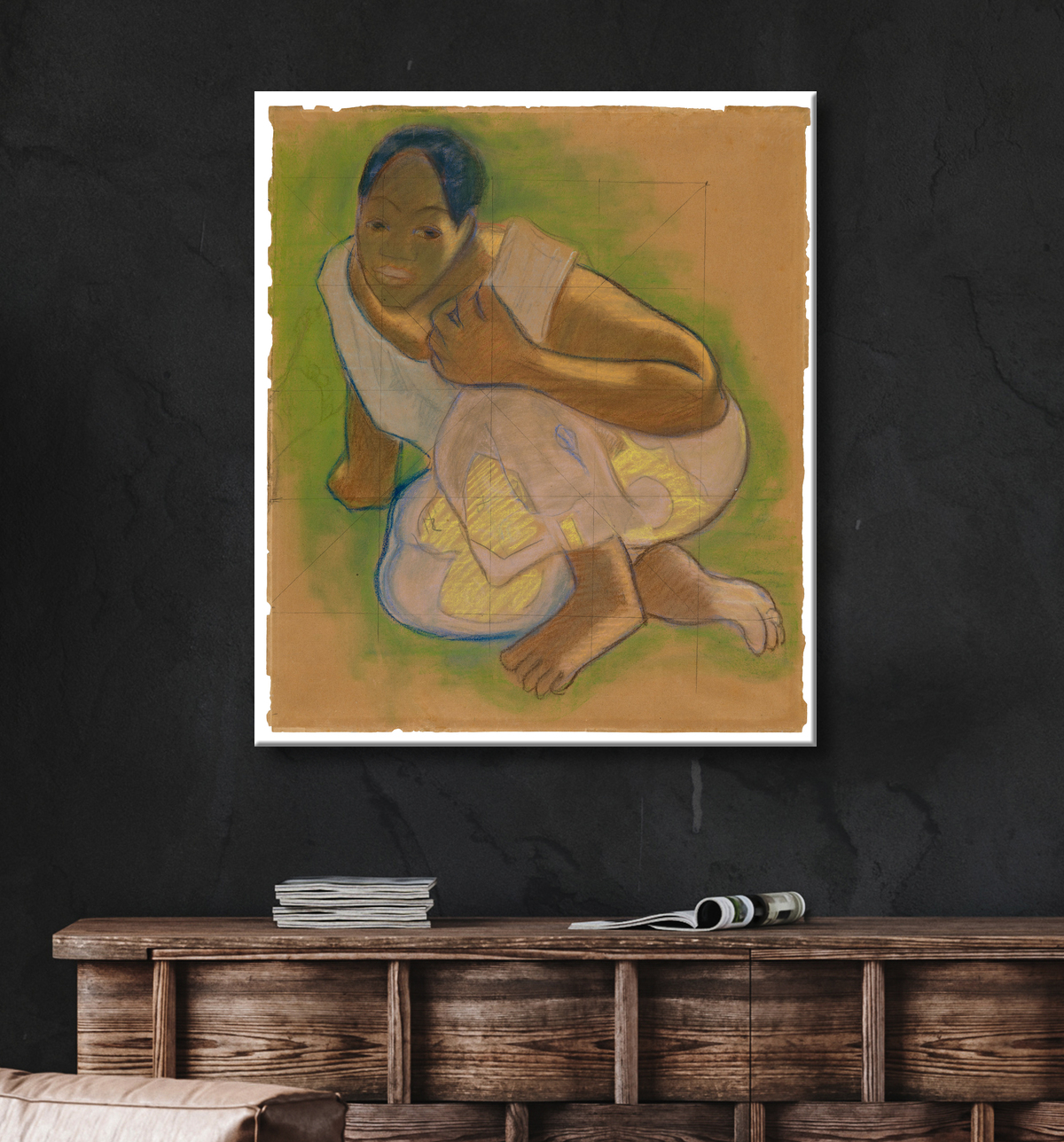Reproduction Tahitienne accroupie (liée au tableau Nafea faa ipoipo [Quand vous marierez-vous ?]) de Paul Gauguin avec decor