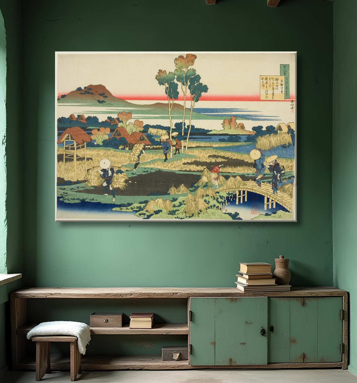 Reproduction Tenji Tenno (L'Empereur Tenji), premier poète de la série Cent poèmes de cent poètes expliqués par l'infirmière de Katsushika Hokusai avec decor