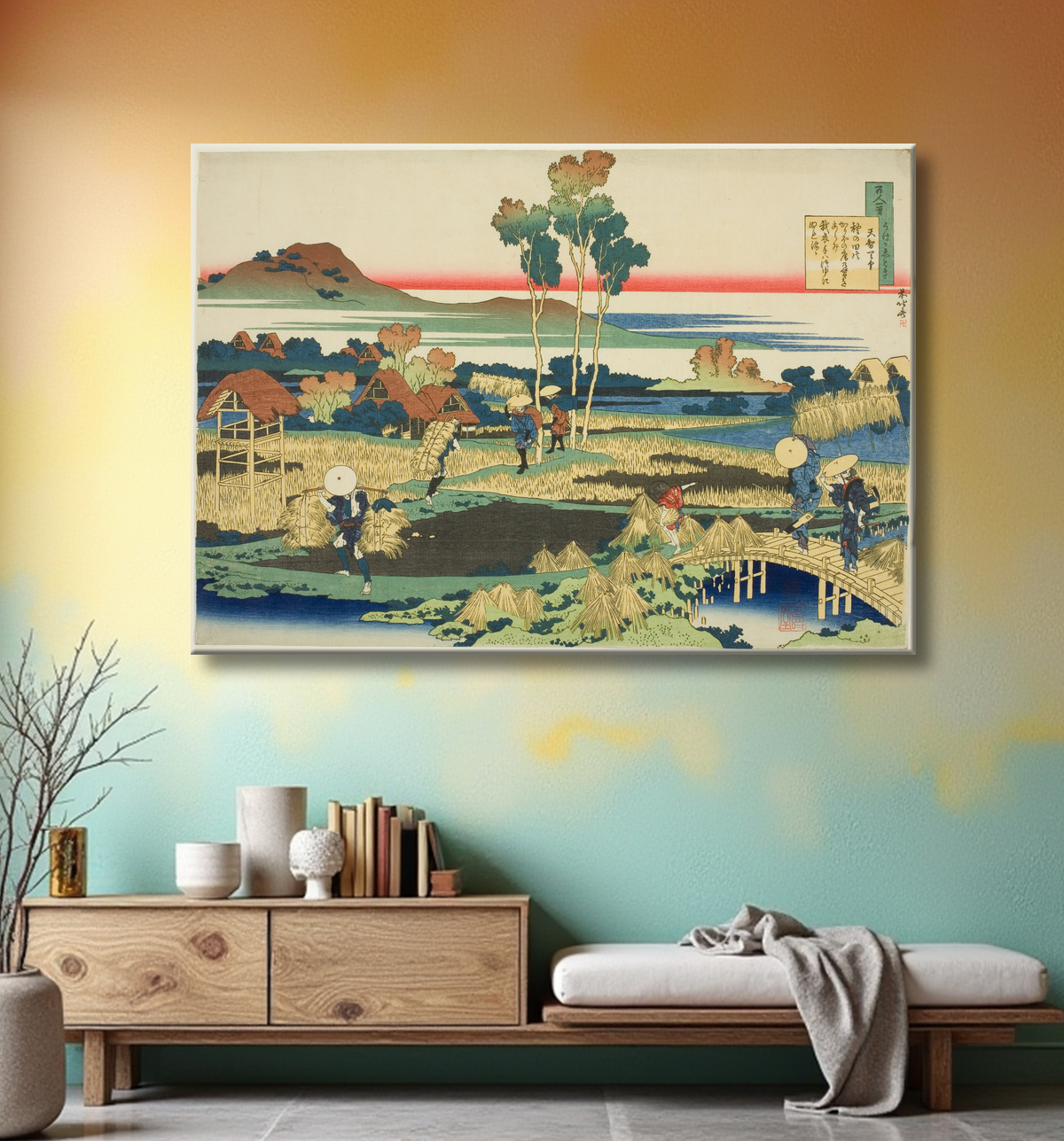 Reproduction Tenji Tenno (L'Empereur Tenji), premier poète de la série Cent poèmes de cent poètes expliqués par l'infirmière de Katsushika Hokusai avec decor