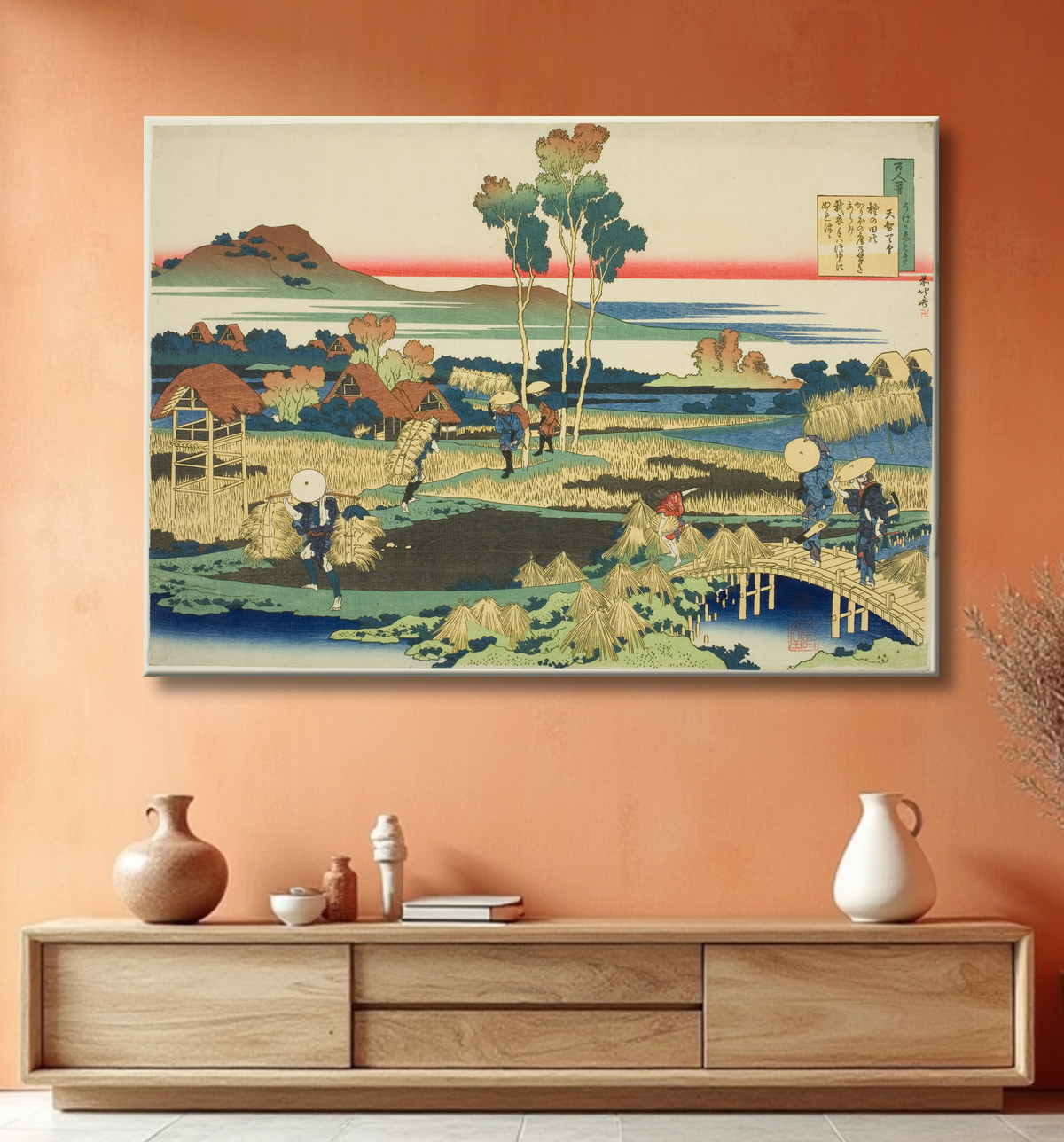 Reproduction Tenji Tenno (L'Empereur Tenji), premier poète de la série Cent poèmes de cent poètes expliqués par l'infirmière de Katsushika Hokusai avec decor