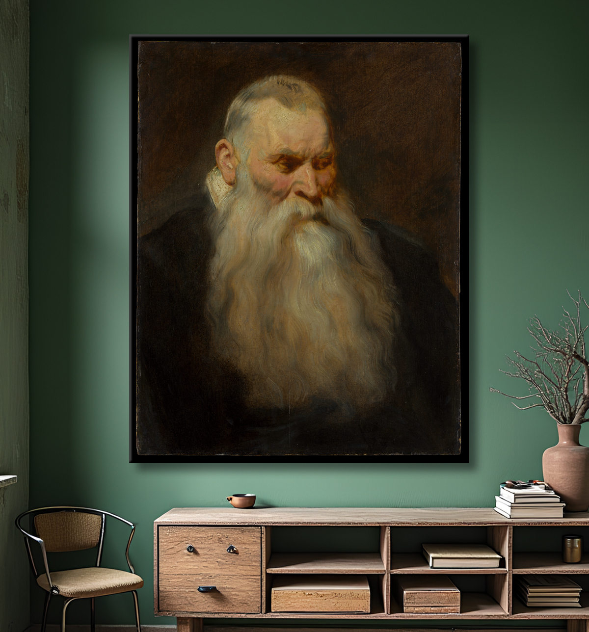 Reproduction Tête d'étude d'un vieil homme à barbe blanche de Anthony van Dyck avec decor