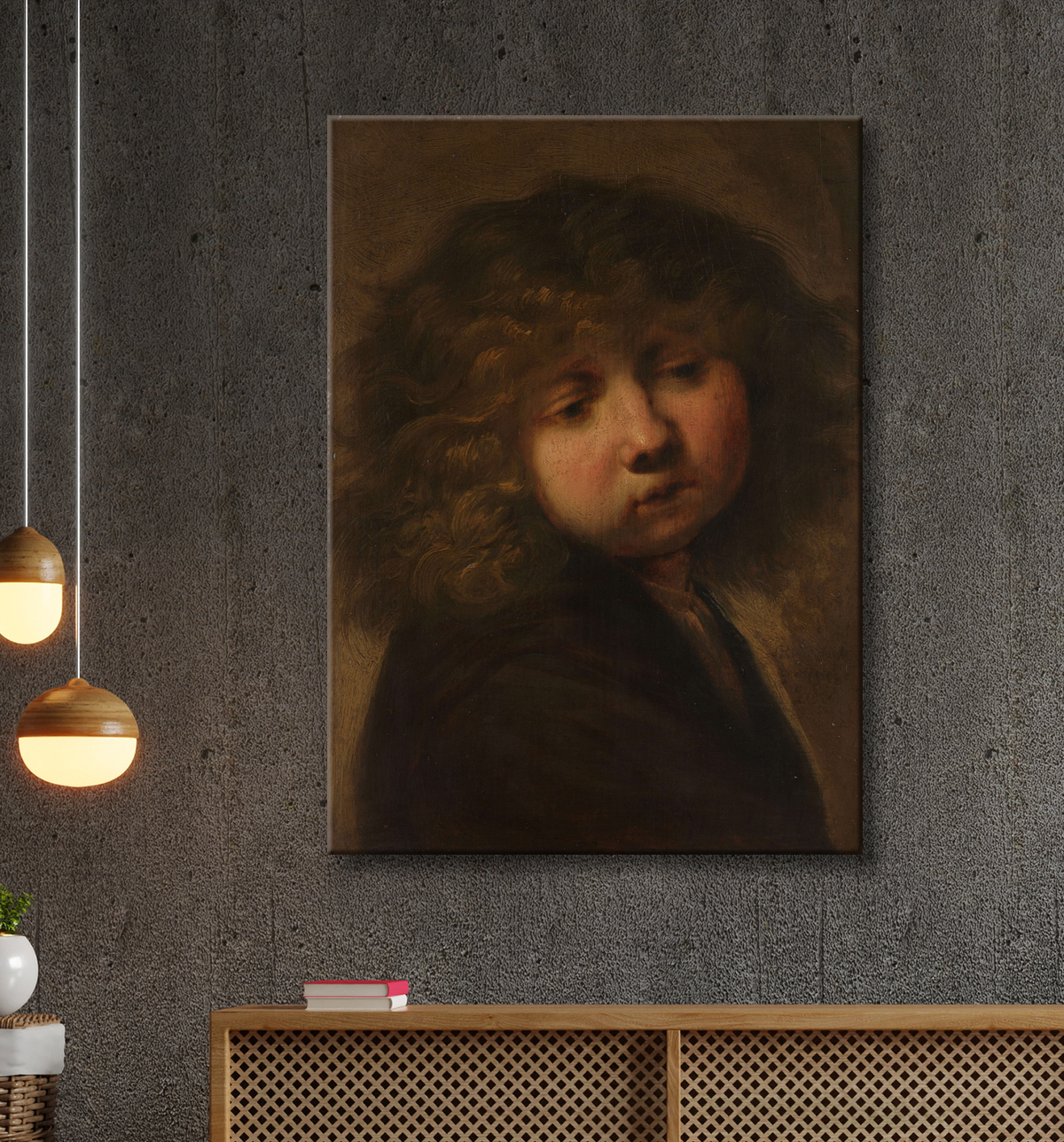 Reproduction Tête de garçon de Rembrandt van Rijn avec decor