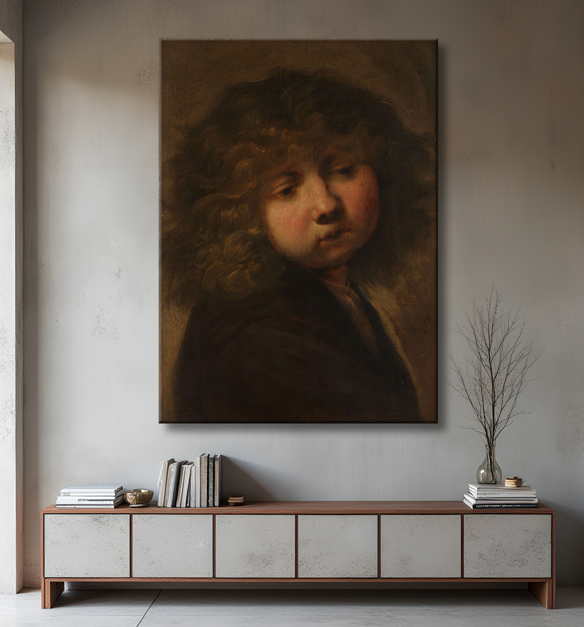 Reproduction Tête de garçon de Rembrandt van Rijn avec decor
