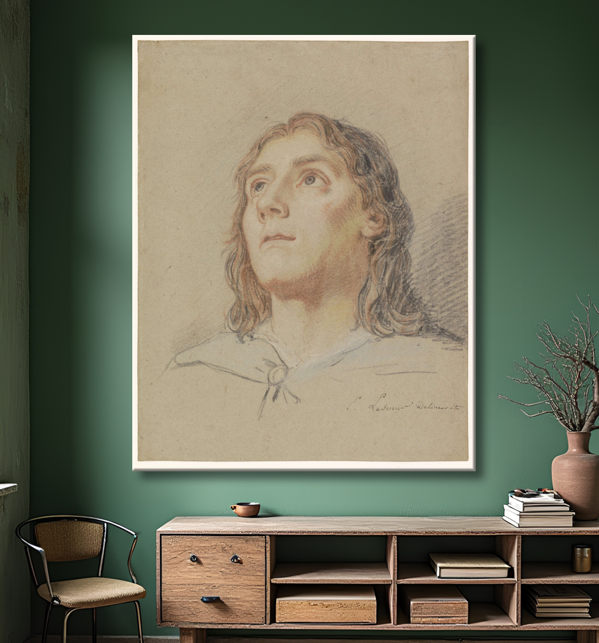 Reproduction Tête de jeune homme aux cheveux longs de Eustache Lesueur avec decor