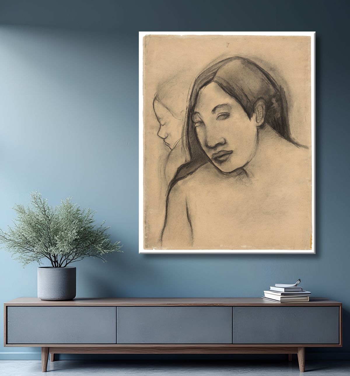 Reproduction Têtes de femmes tahitiennes, vues de face et de profil de Paul Gauguin avec decor