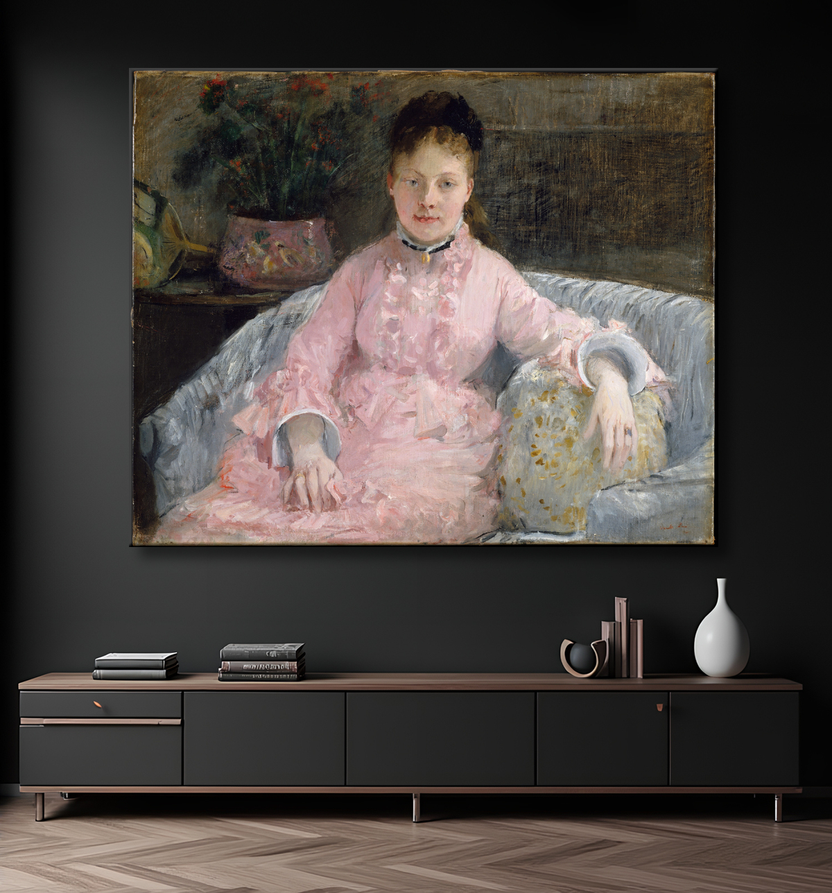 Reproduction The Pink Dress (Albertie-Marguerite Carré, later Madame Ferdinand-Henri Himmes, 1854–1935) de Berthe Morisot avec decor