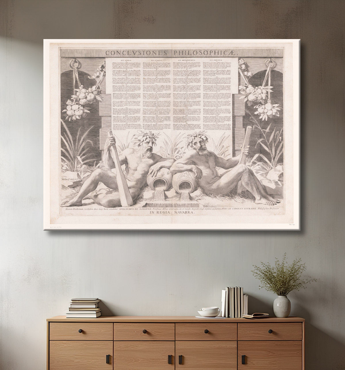 Reproduction Thèse de philosophie de Guillaume de Longueil (partie inférieure) de Claude Mellan avec decor
