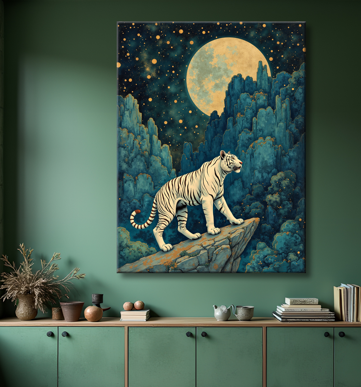 Tableau tigre féerique - Illustration nocturne entre lune et étoiles avec decor