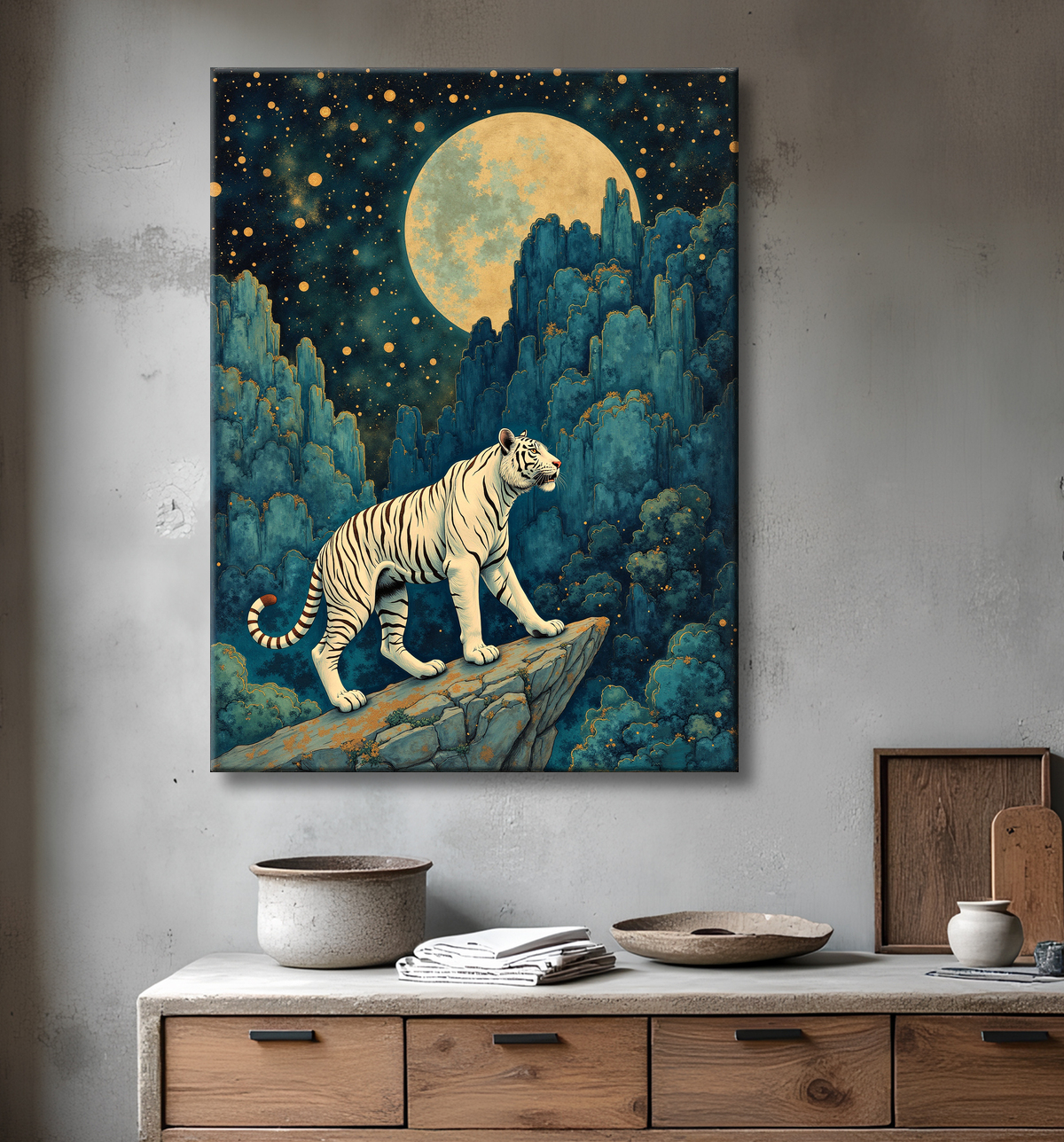 Tableau tigre féerique - Illustration nocturne entre lune et étoiles avec decor