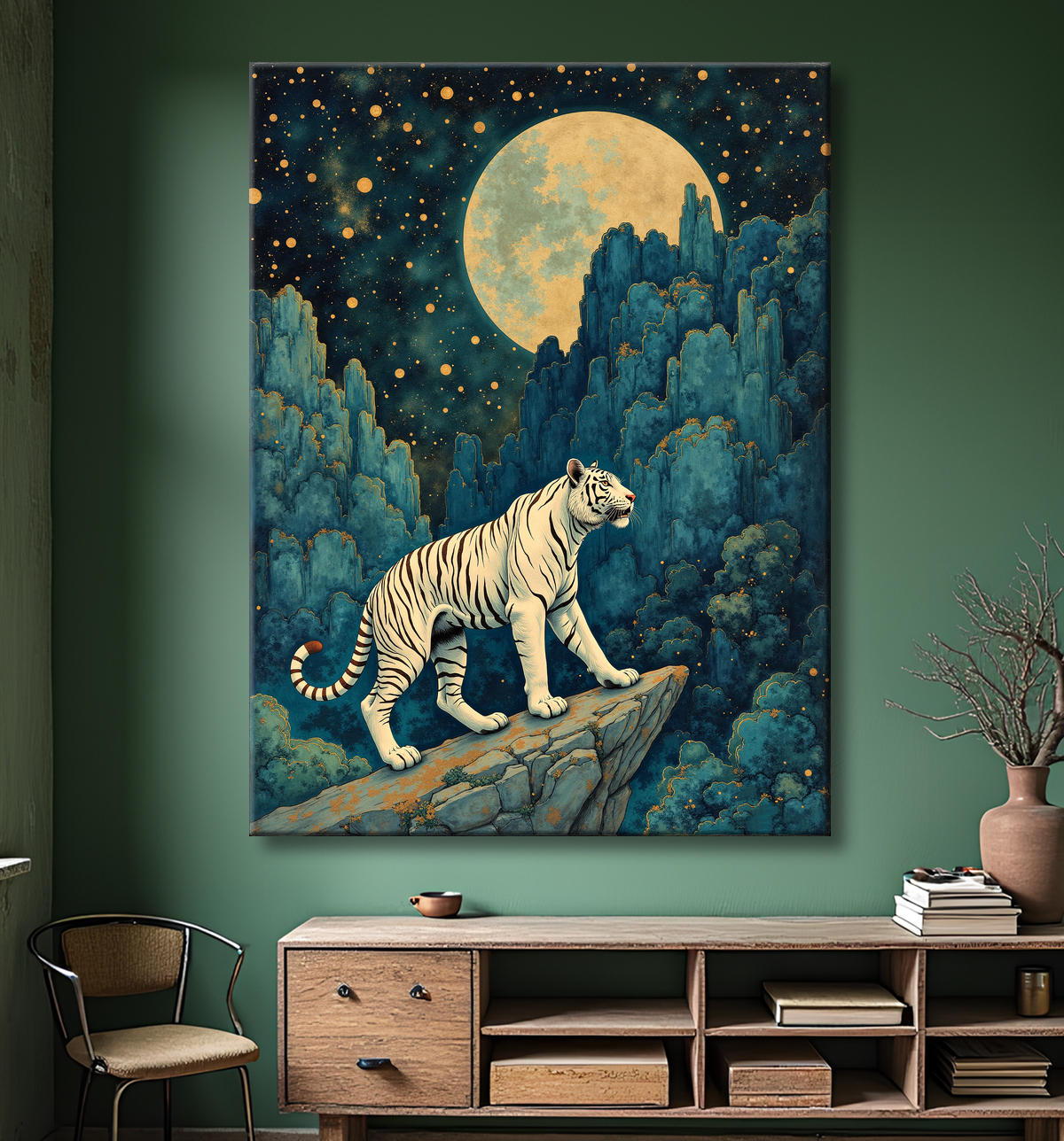 Tableau tigre féerique - Illustration nocturne entre lune et étoiles avec decor