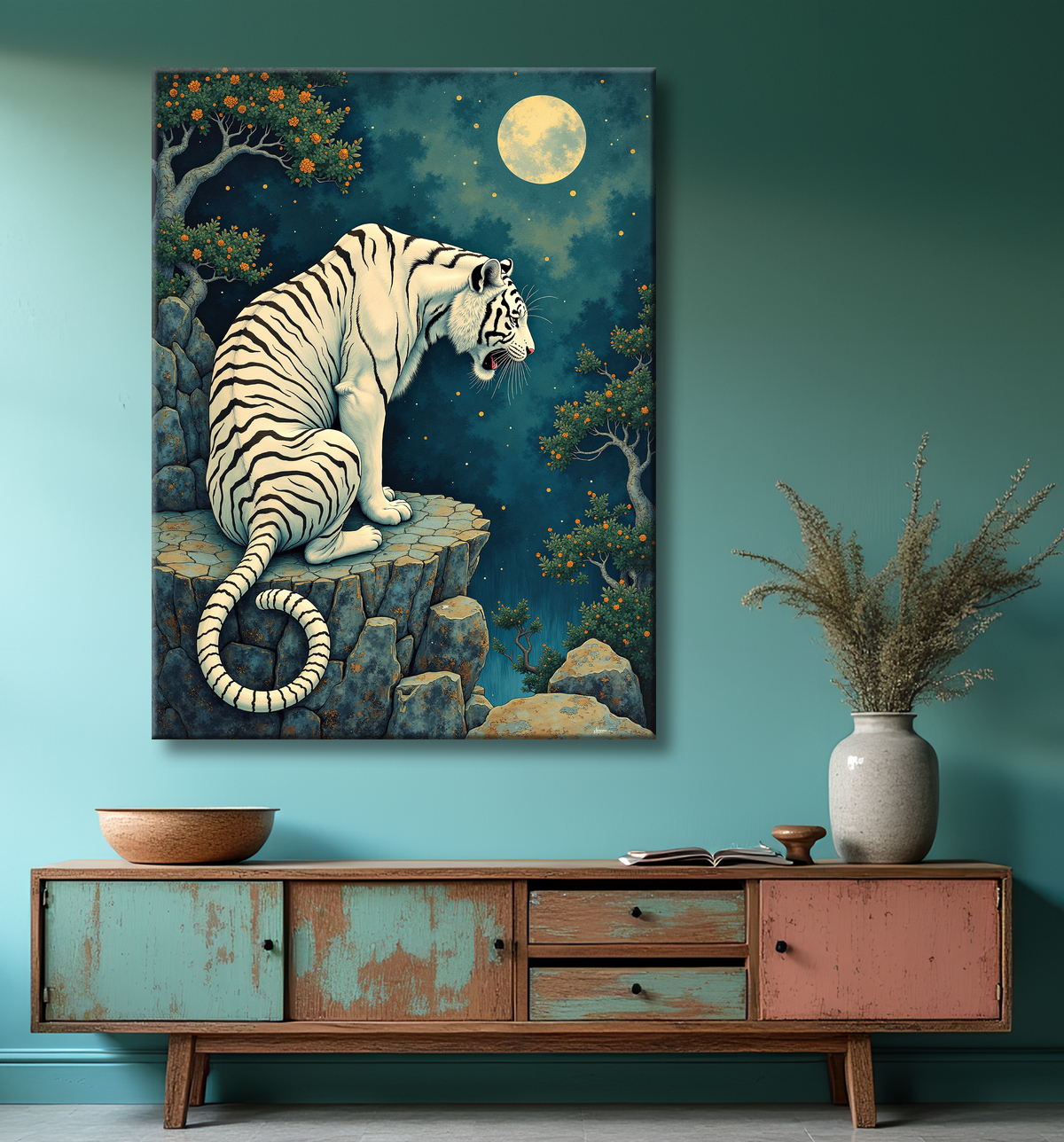 Tableau tigre féerique - Illustration nocturne entre lune et étoiles avec decor