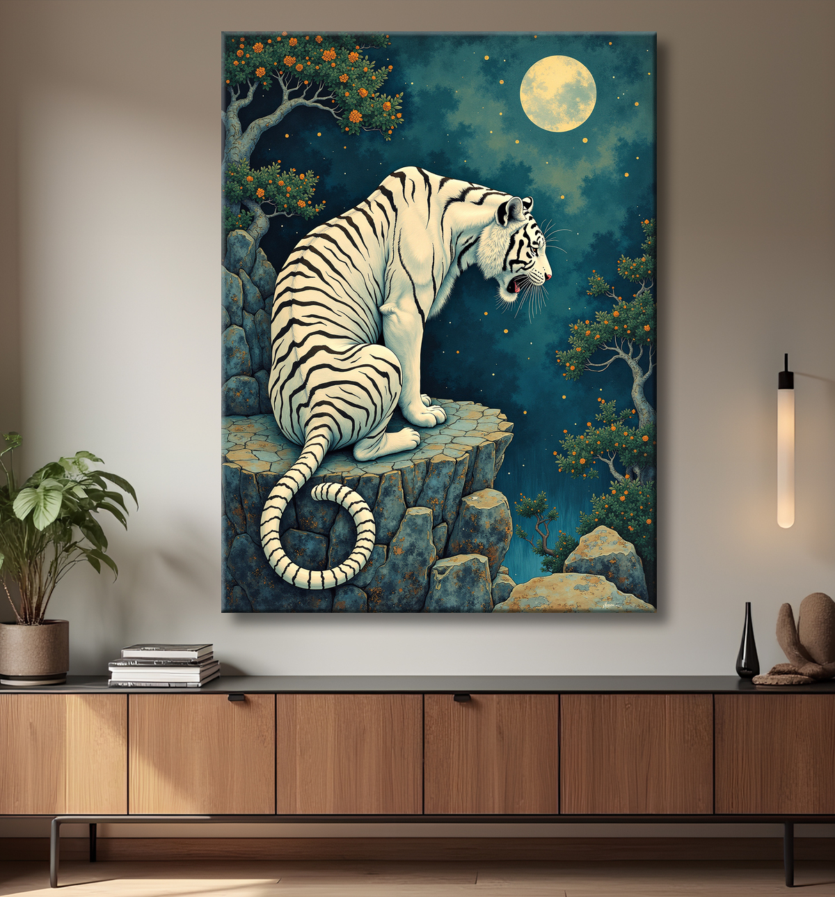 Tableau tigre féerique - Illustration nocturne entre lune et étoiles avec decor