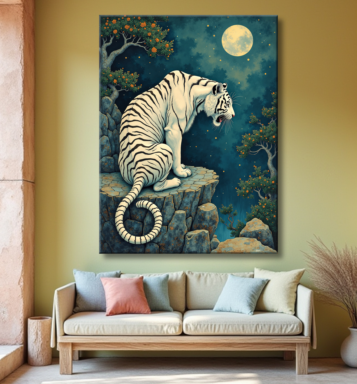 Tableau tigre féerique - Illustration nocturne entre lune et étoiles avec decor