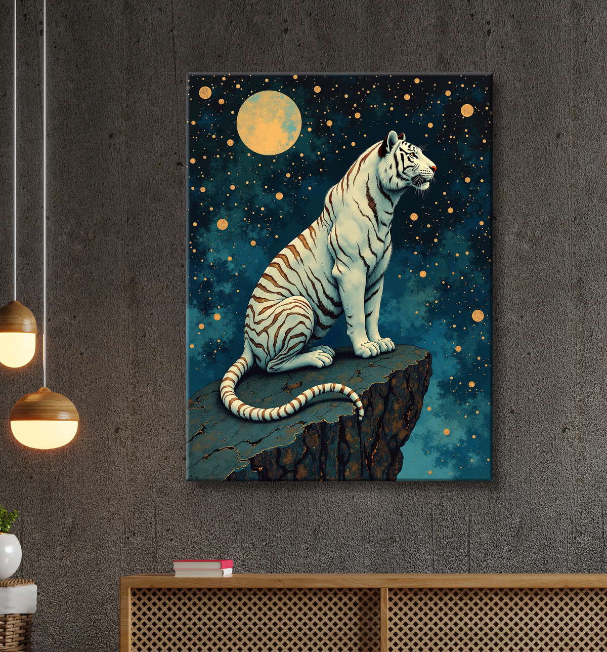 Tableau tigre féerique - Illustration nocturne entre lune et étoiles avec decor