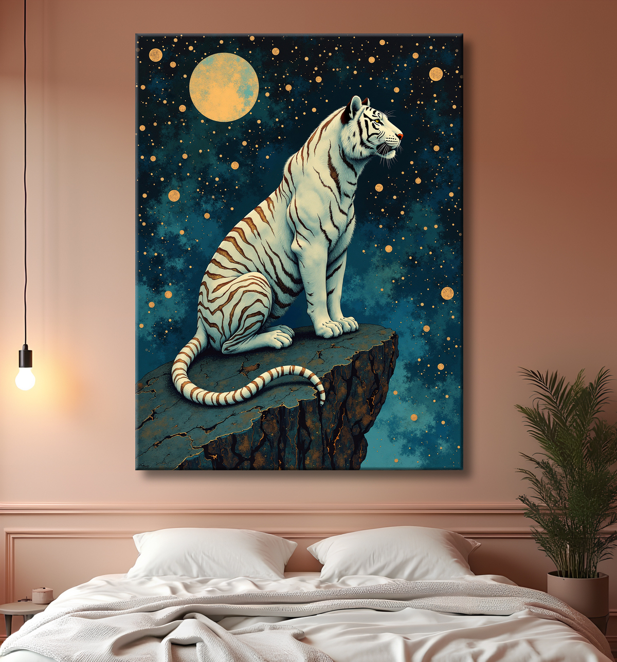 Tableau tigre féerique - Illustration nocturne entre lune et étoiles avec decor