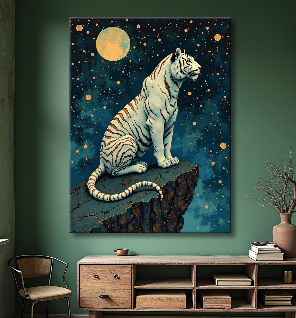 Tableau tigre féerique - Illustration nocturne entre lune et étoiles avec decor