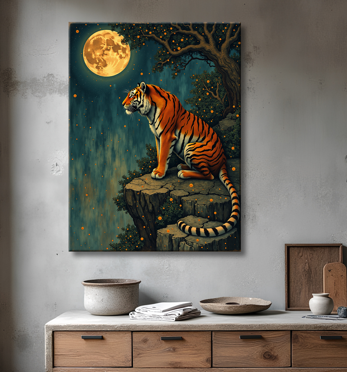 Tableau tigre féerique - Illustration nocturne entre lune et étoiles avec decor
