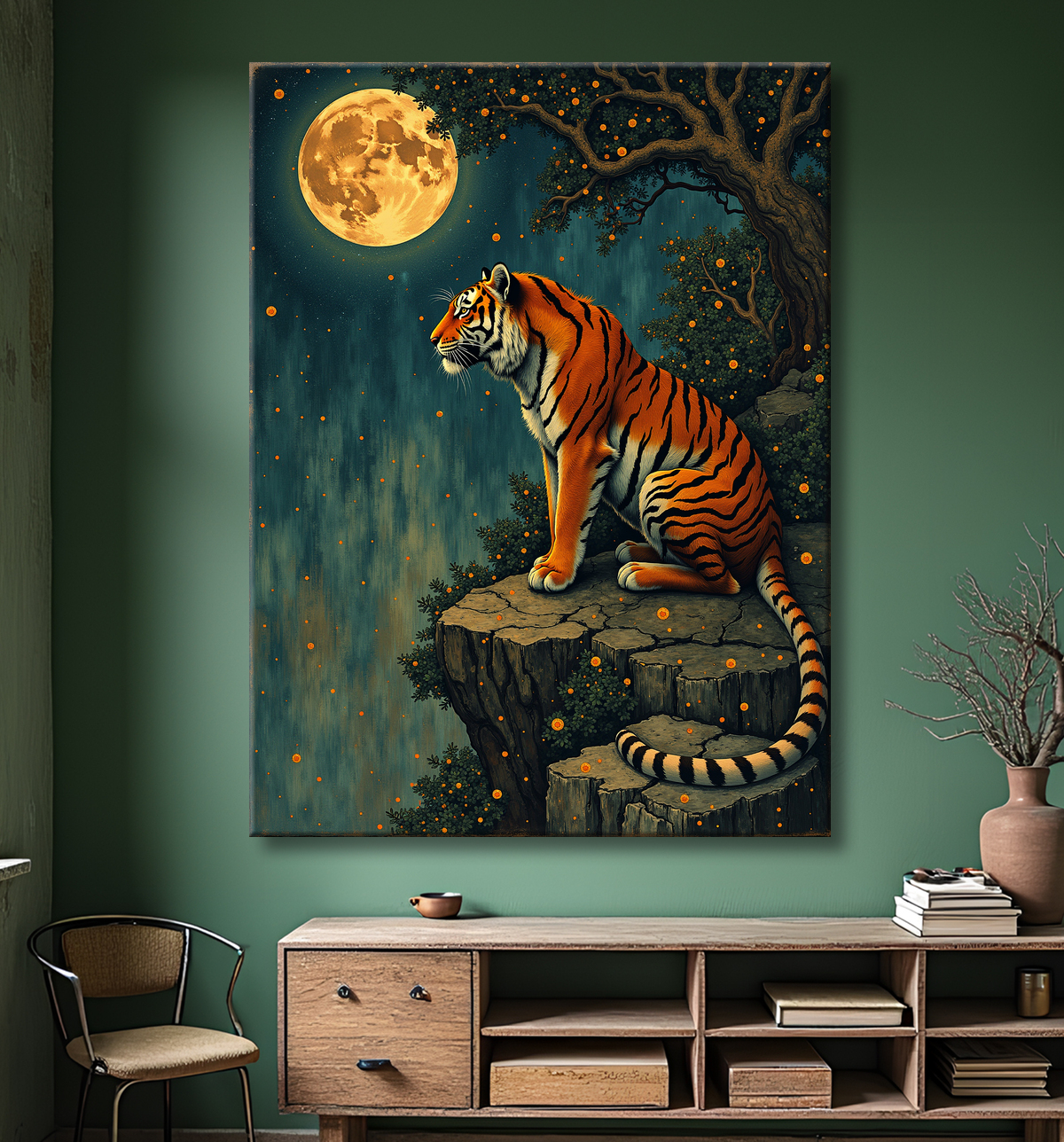 Tableau tigre féerique - Illustration nocturne entre lune et étoiles avec decor