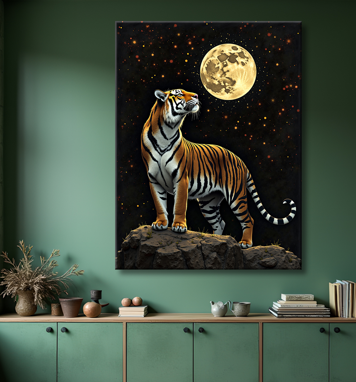 Tableau tigre féerique - Illustration nocturne entre lune et étoiles avec decor