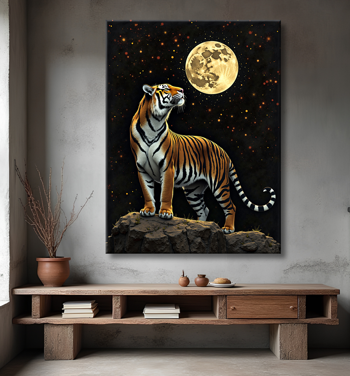 Tableau tigre féerique - Illustration nocturne entre lune et étoiles avec decor
