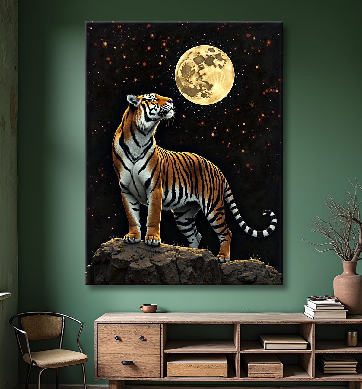 Tableau tigre féerique - Illustration nocturne entre lune et étoiles avec decor