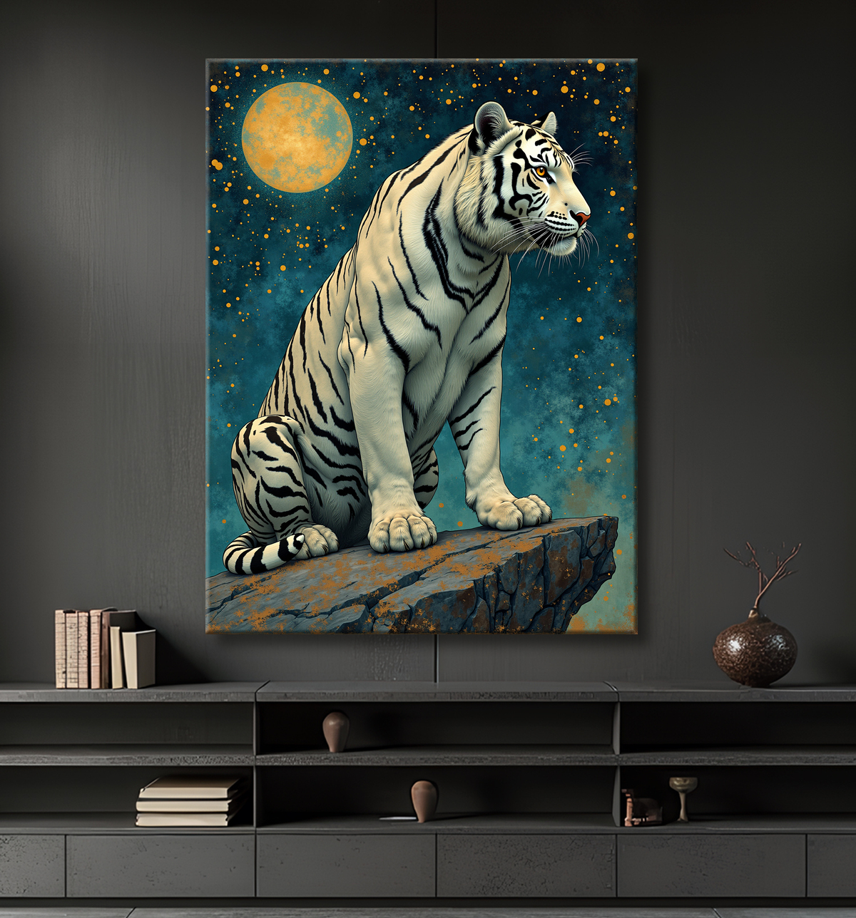 Tableau tigre féerique - Illustration nocturne entre lune et étoiles avec decor