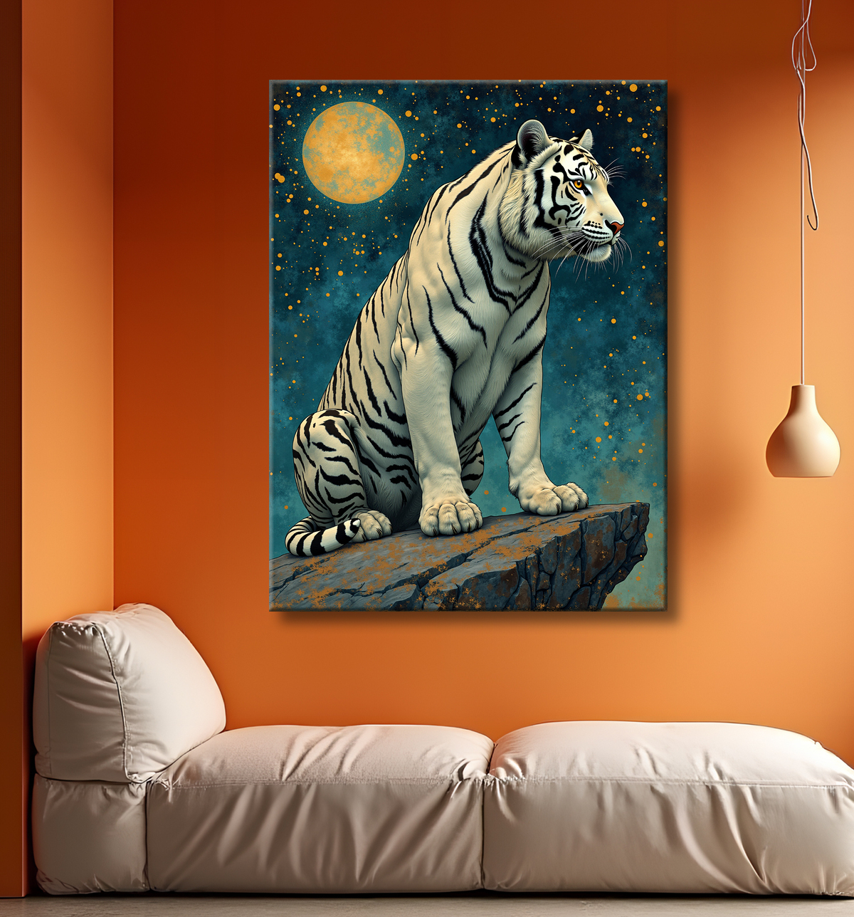 Tableau tigre féerique - Illustration nocturne entre lune et étoiles avec decor