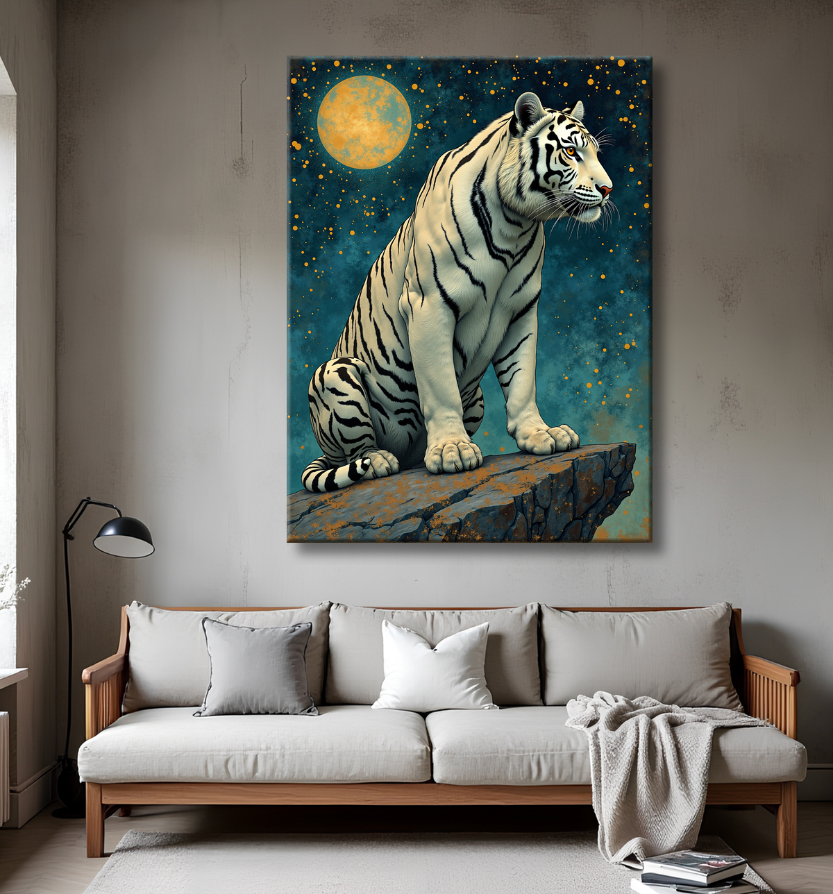 Tableau tigre féerique - Illustration nocturne entre lune et étoiles avec decor