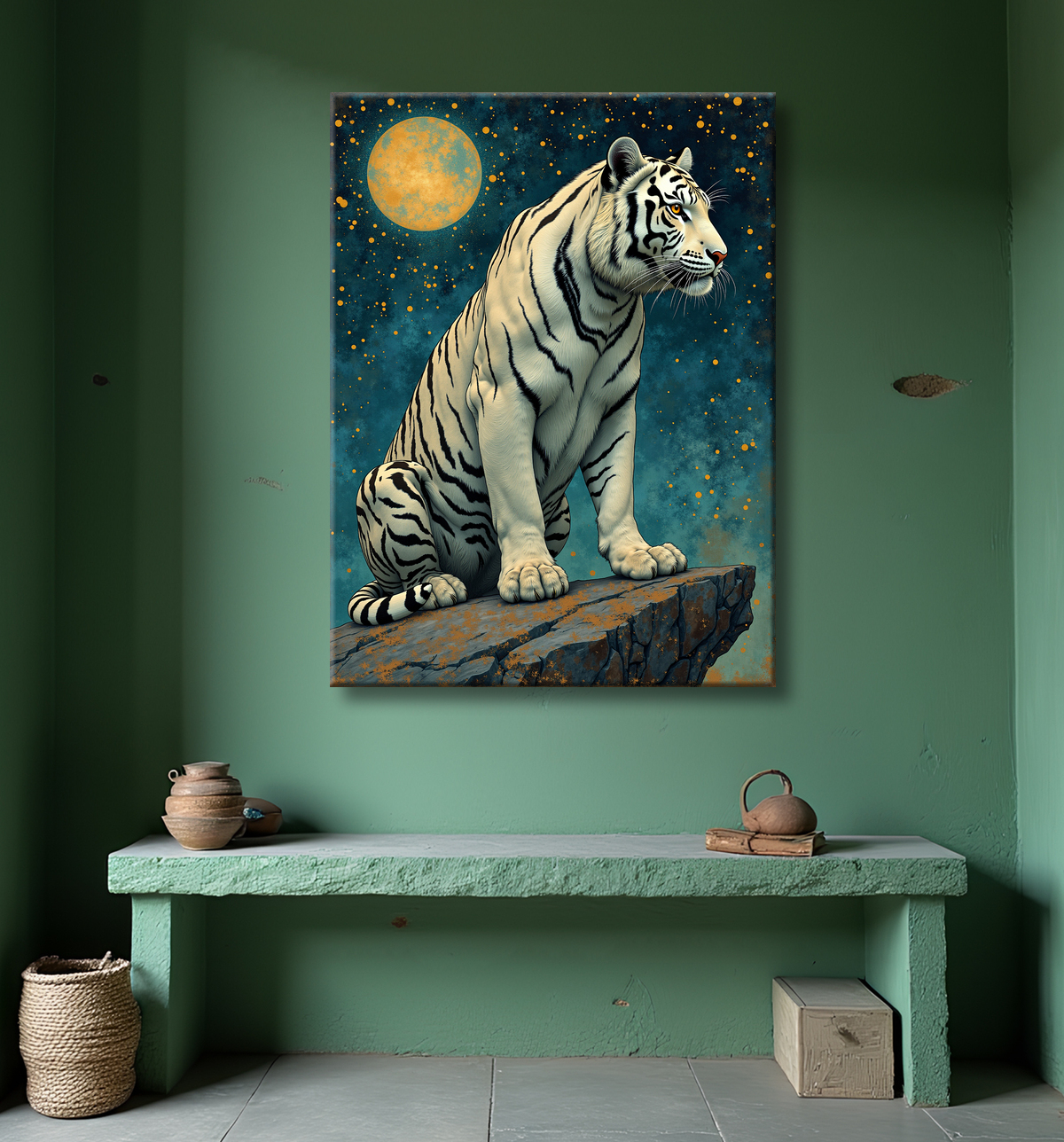 Tableau tigre féerique - Illustration nocturne entre lune et étoiles avec decor