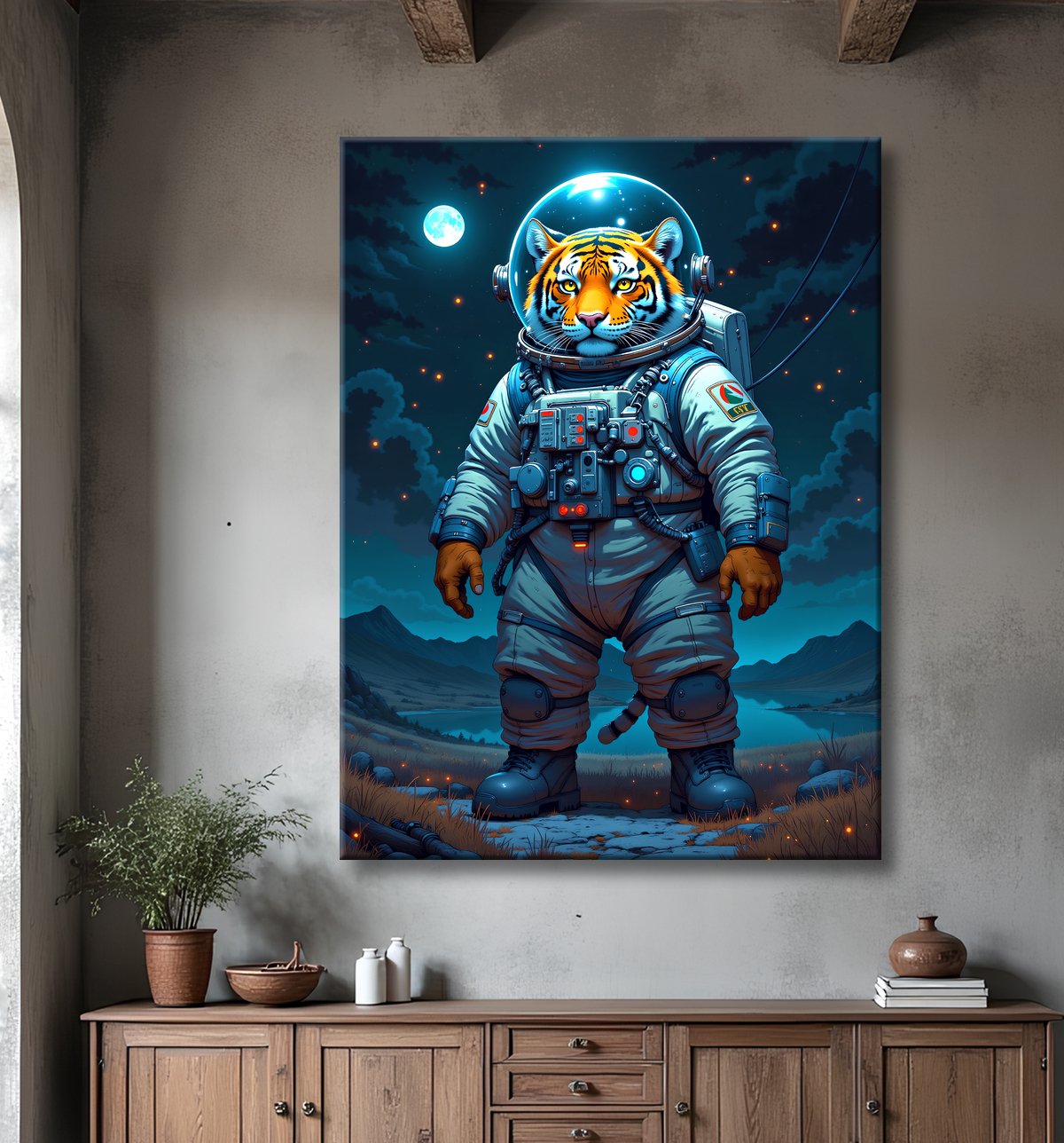 Tableau tigre astronaute - Décoration murale animale originale avec decor