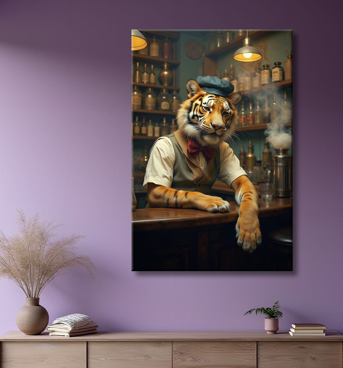Tableau tigre serveur vintage - Animal anthropomorphe élégant dans un bar rétro avec decor